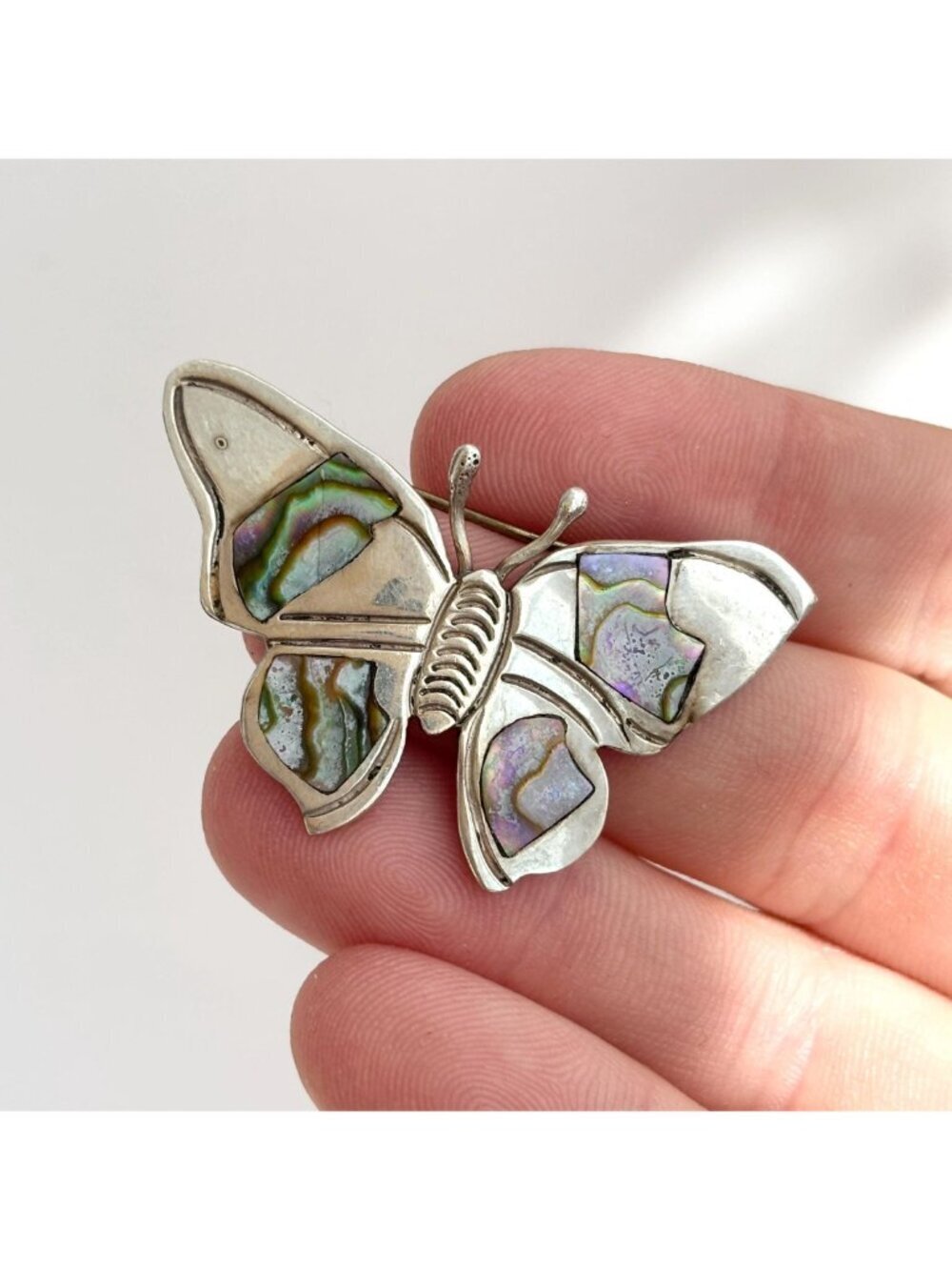 Butterfly Figural Abalone Mexican 925 Sterling Silver Navajo Vintage Brooch - Picture 10 of 11